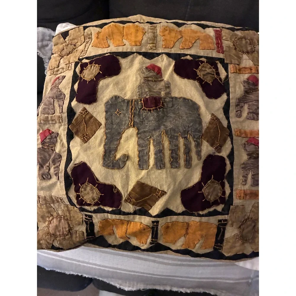 Home made Pillow Cover 16x16 Multi Color Elephant Patchwork Folk Art Decor